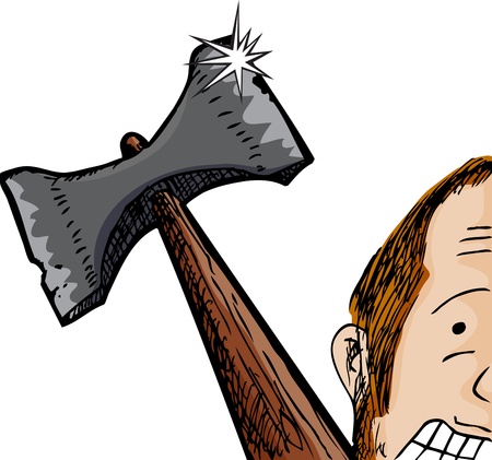 Scared man with giant axe behind his head over whiteのイラスト素材