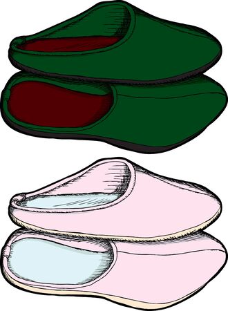 Cartoon of isolated slippers in pink and greenのイラスト素材