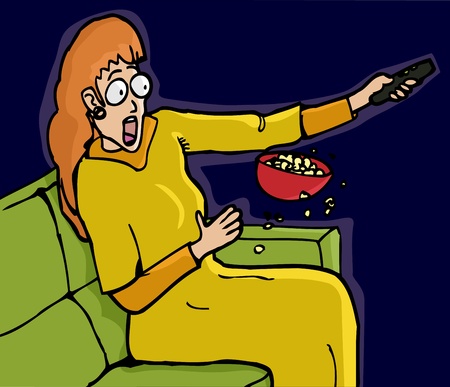 Scared woman with remote control and spilled popcornのイラスト素材