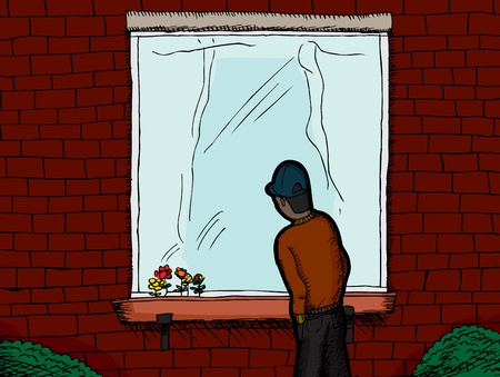 Dark skinned man standing outside a window looking inのイラスト素材
