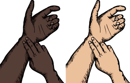 Close up view of person taking pulse in dark and light skinのイラスト素材
