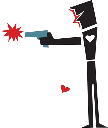 Abstract person with gun and missing heart over white backgroundのイラスト素材
