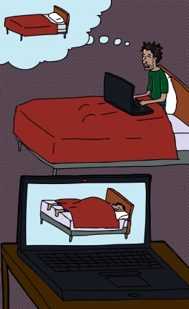 Laptop recording a tired man working in bedのイラスト素材