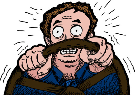 Nervous man holding steering wheel over isolated のイラスト素材