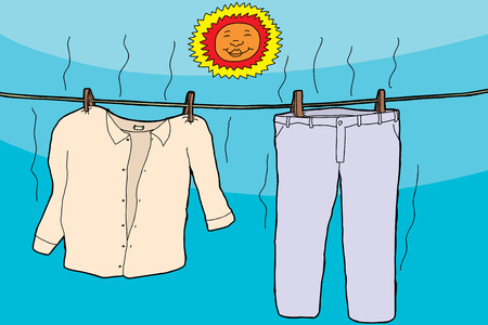 Damp clothes on clothesline drying under smiling sunのイラスト素材