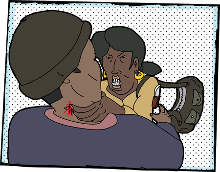 Brave woman strangling criminal with knife illustrationのイラスト素材