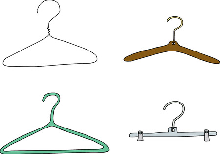 Plastic, metal and wooden clothes hangers over white backgroundのイラスト素材
