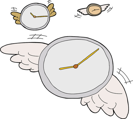 Three clocks with wings flying over white backgroundのイラスト素材