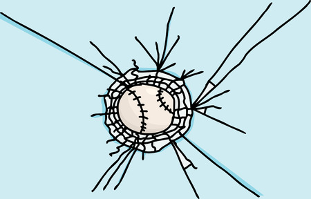 Hand drawn baseball stuck in shattered glass cartoonのイラスト素材