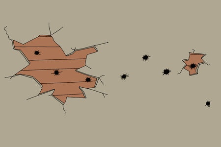 Plaster and wood wall with multiple bullet holesのイラスト素材
