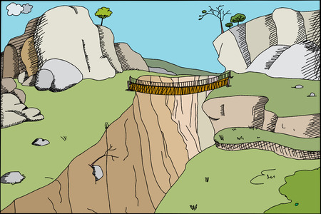 Hand drawn cartoon footbridge across canyon in wildernessのイラスト素材