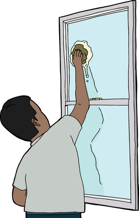 Rear view of Indian man cleaning windowのイラスト素材