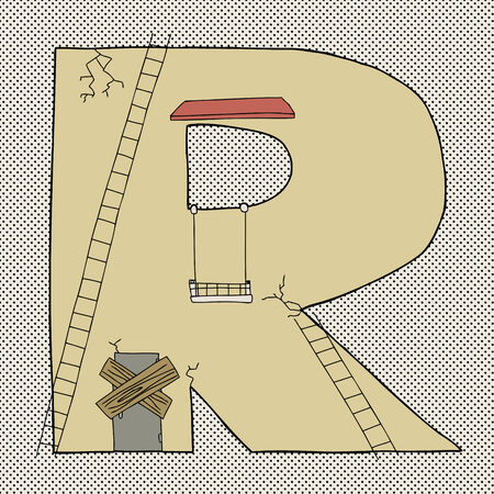 Hand drawn cartoon of letter R as damaged buildingのイラスト素材