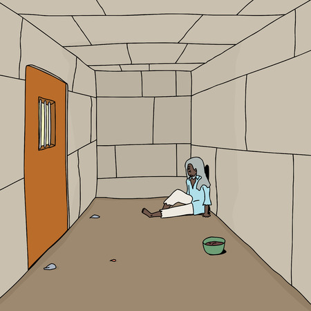 Sad old man sitting on dirt floor in prisonのイラスト素材