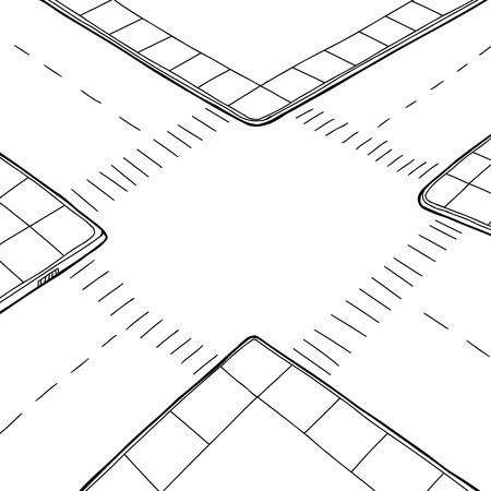 Empty hand drawn street intersection background cartoonのイラスト素材