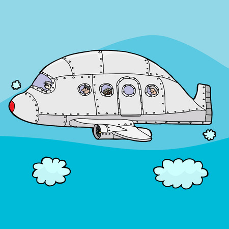 Cartoon airplane with passengers inside above the cloudsのイラスト素材