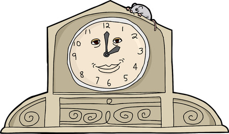 Cartoon mouse on top of smiling mantle clockのイラスト素材