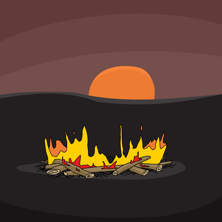 Hand drawn cartoon campfire scene with sunsetのイラスト素材