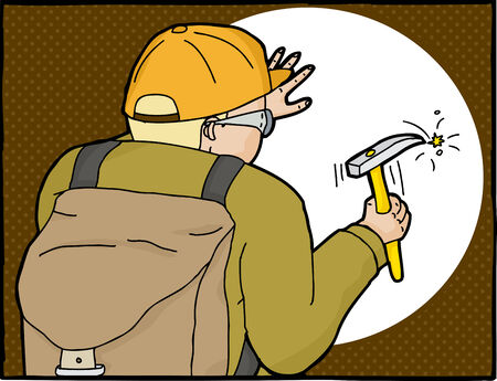 Illustration of blond geologist using rock pick in frameのイラスト素材