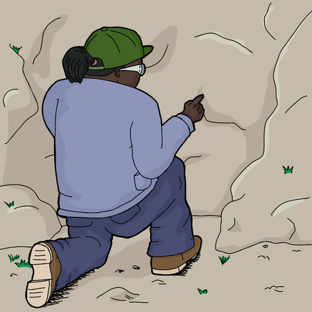 Cartoon of kneeling Indian female explorer touching rockのイラスト素材