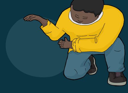 Cartoon of Black man kneeling with hands holding nothingのイラスト素材