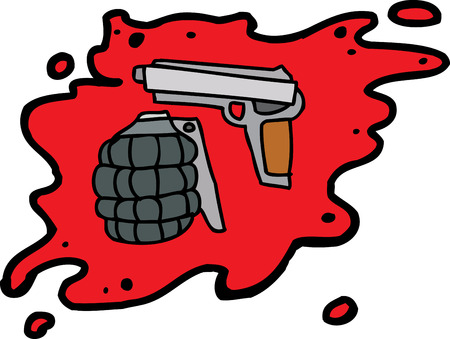 Gun and grenade inside blood spatter over whiteのイラスト素材