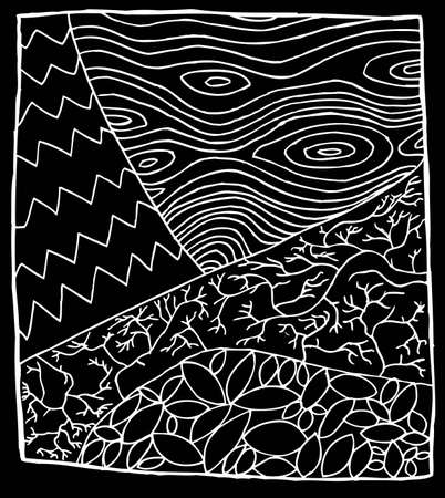 White outline zentangle of tree parts over blackのイラスト素材