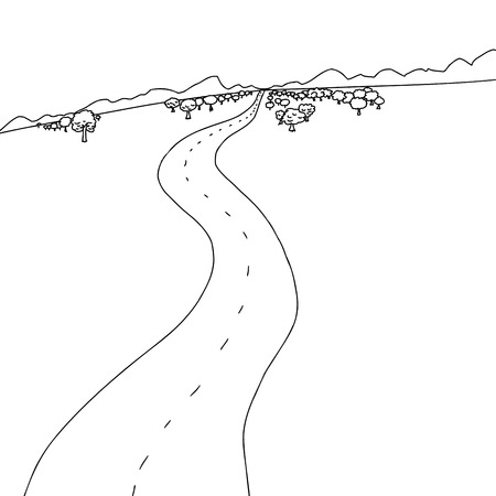 Hand drawn cartoon of winding road to mountainsのイラスト素材