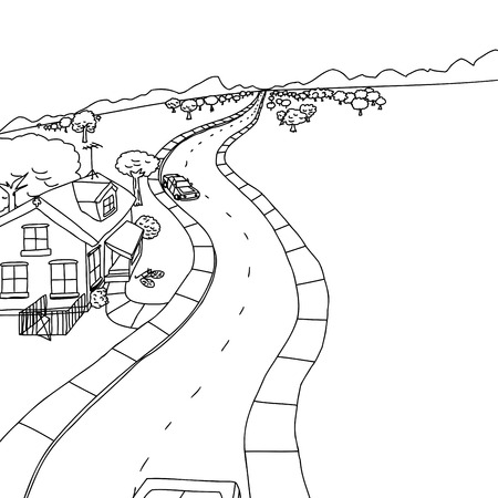 Outline drawing of house with trees along roadのイラスト素材