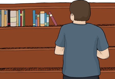 Back of Caucasian male looking at books on top of shelfのイラスト素材
