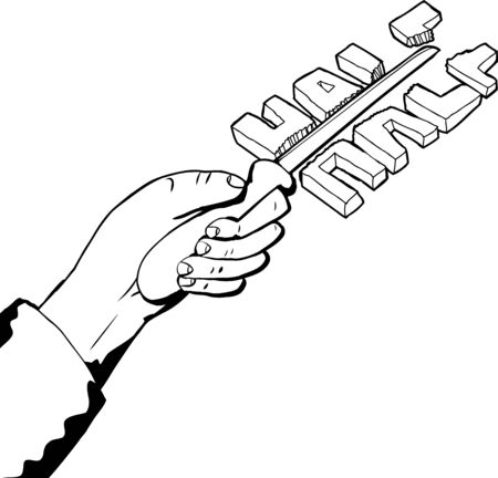 Outline illustration of hand cutting word in half with knifeのイラスト素材
