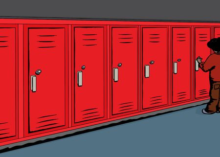Cartoon of student opening red locker in hallwayのイラスト素材