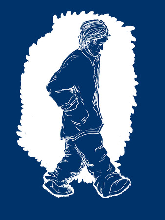 Blue color illustration of a depressed adult male walking aloneのイラスト素材