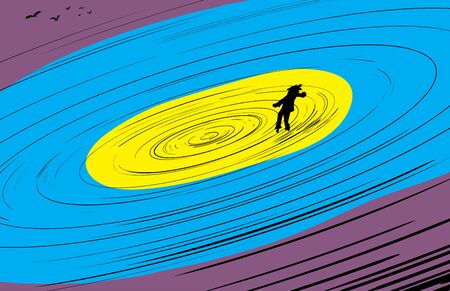 Person floating over blue, yellow and purple whirlpool with group of birds nearby