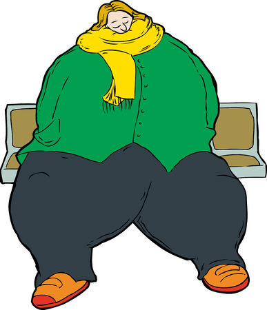 Cartoon caricature of single sleeping obese white seated on row of bus seatsのイラスト素材