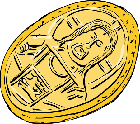 Cartoon of single Histamenon gold coin from the Byzantine Empire over whiteのイラスト素材