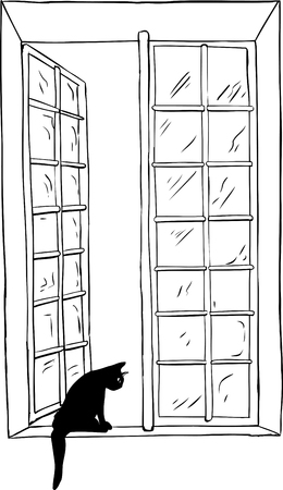 Isolated outlined illustration of open casement window and cat looking outsideのイラスト素材