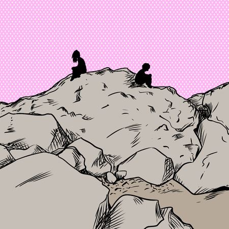 Upset man and woman sitting on rocks not facing each other over pink backgroundのイラスト素材