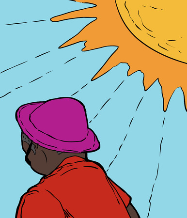 Single adult African man in purple hat and red shirt under bright sunのイラスト素材