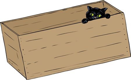 Hand drawn illustration of cute black kitten peeking from inside of wooden crateのイラスト素材