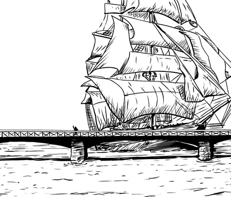 Outlined single large clipper ship moving close to bridge over waterのイラスト素材