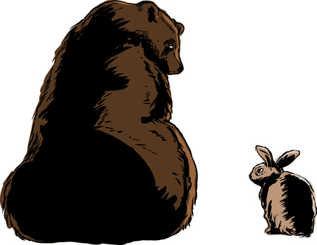 Size comparison doodle of large bear looking at little rabbit over white backgroundのイラスト素材