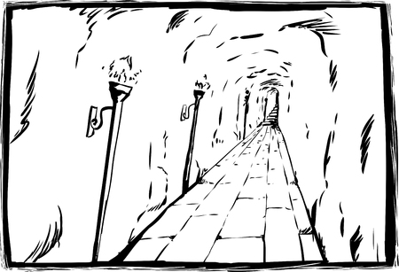 Outline sketch of burning flame torches on wall in deep underground passageのイラスト素材