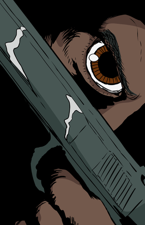 Extreme close up on obscured face holding pistol under brown eyeのイラスト素材