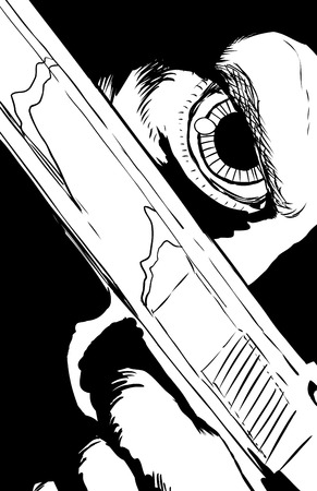 Outlined illustration of extreme close up on obscured face holding pistol under eyeのイラスト素材