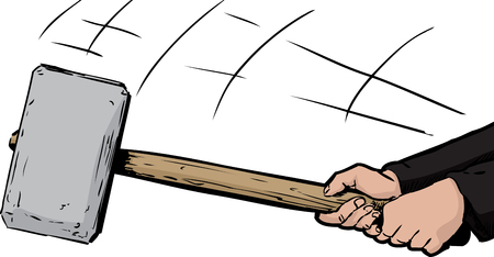 Unidentifiable person swinging a large sledge hammer over whiteのイラスト素材