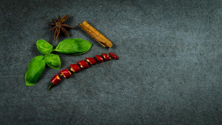 Sliced ??chilli with basil, cinnamon and star anise on dark stone background with free text spaceの写真素材
