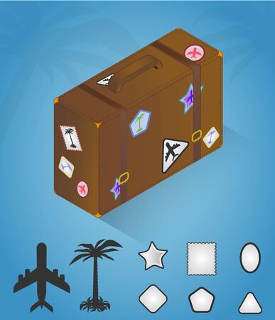 isometric leather traveler suitcase with stickers in the form of a palm tree silhouette and an airplane.のイラスト素材
