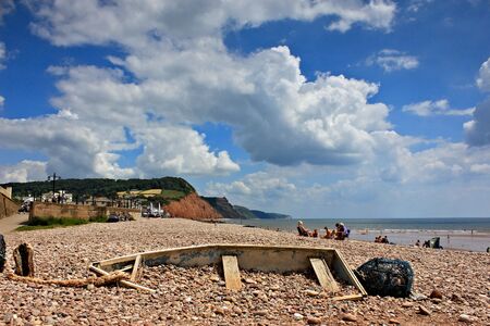 Sidmouth beach and boatの写真素材