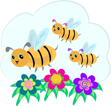 Three Bees and Three Spiral Flowersのイラスト素材
